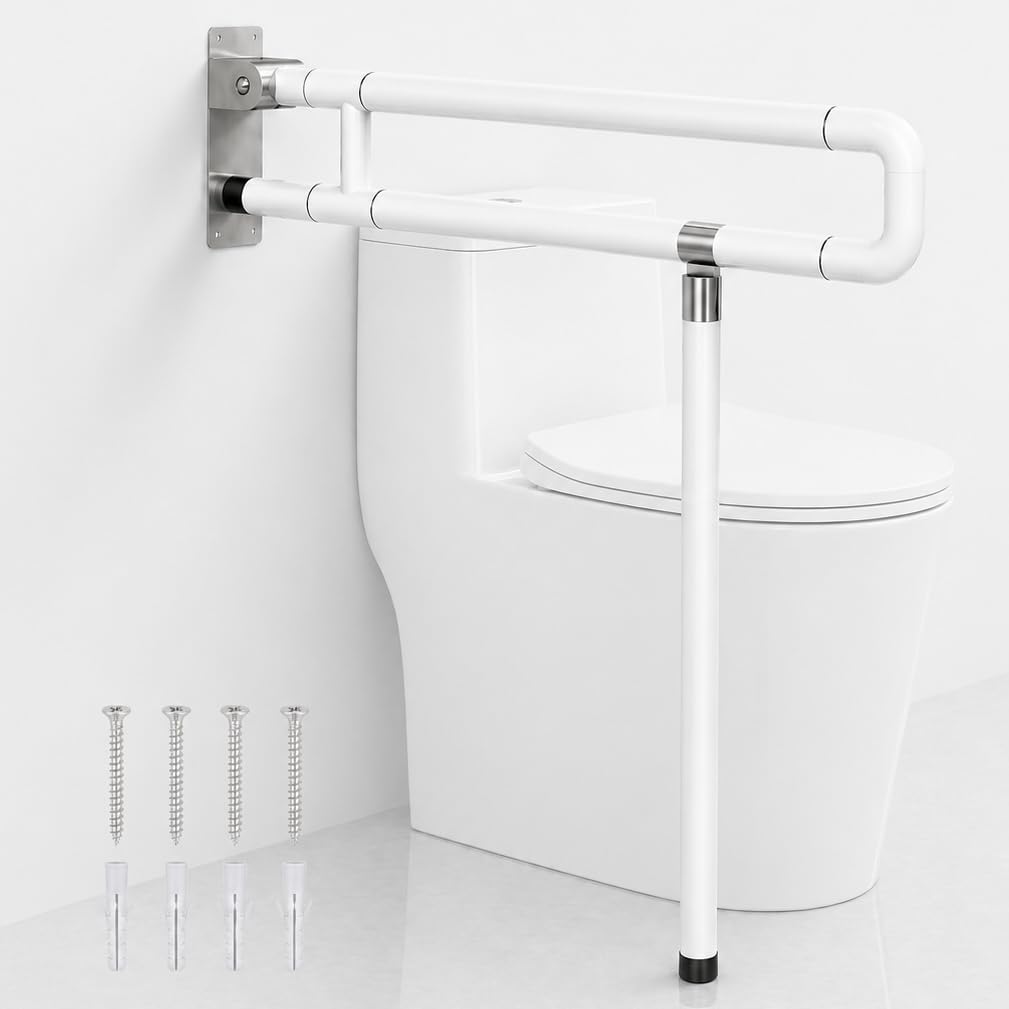 Barra Minusválidos Baño 60x70cm, Agarrador Ducha Personas Mayores | Asa de Seguridad Abatible, con Patas Blanco, Acero Inoxidable, Soporta Hasta 350 kg