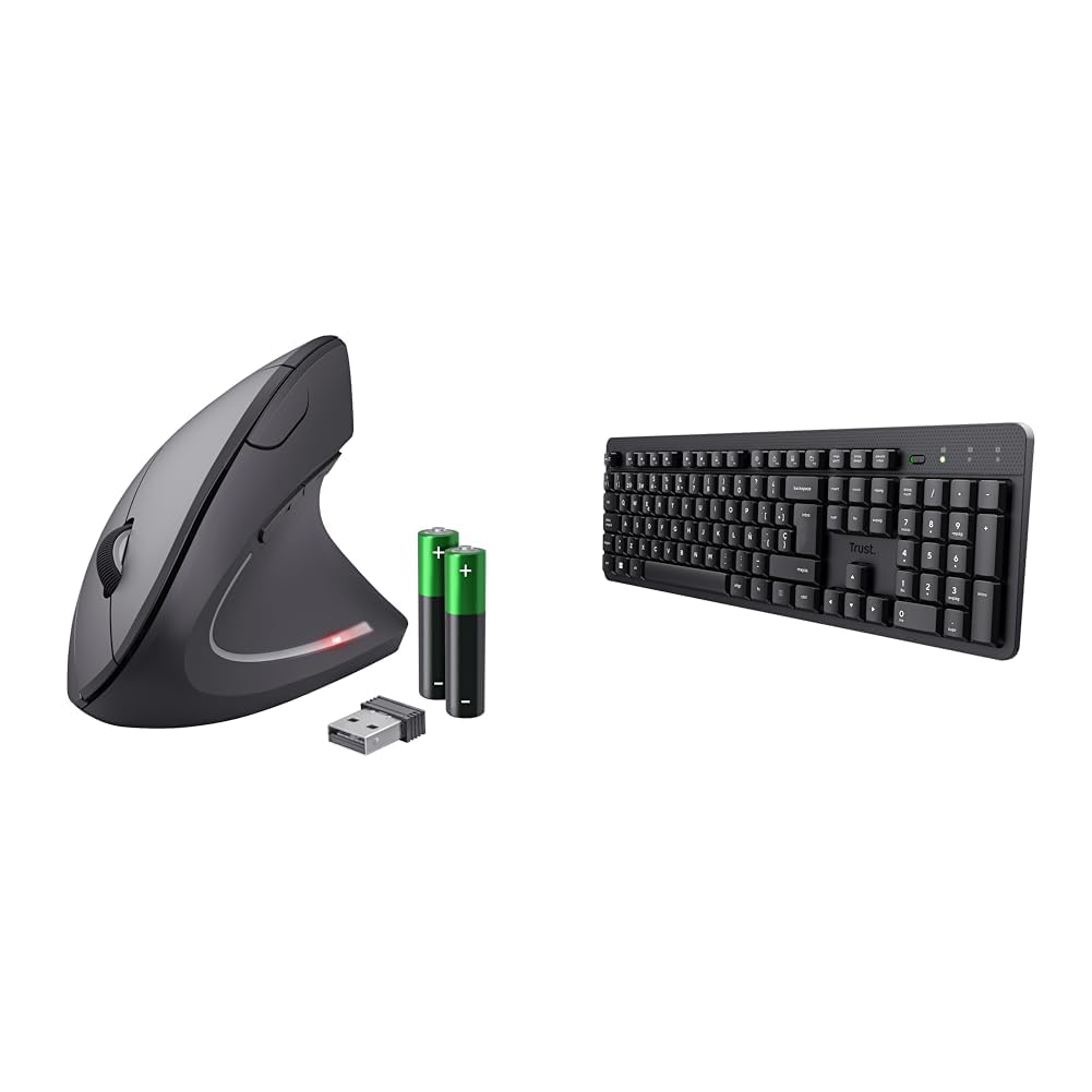 Trust Verto Ratón Vertical, Ratón Ergonómico Inalámbrico 800/1200/1600 dpi, 2.4GHz, Microrreceptor & ODY II Teclado Inalámbrico Silencioso QWERTY Español, Teclas de Perfil Bajo