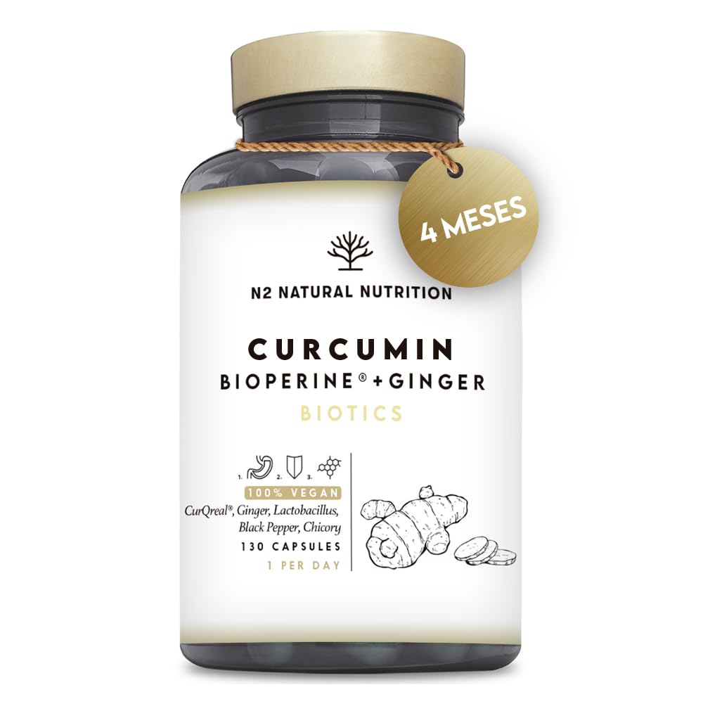 Curcuma con Jengibre y Pimienta Negra 10.000mg. 130 días. PROBIOTICOS + Curcuma CurQreal® con Bioperina®. Antiinflamatorio Natural. Formula Patentada. Cápsulas Veganas. N2 Natural Nutrition