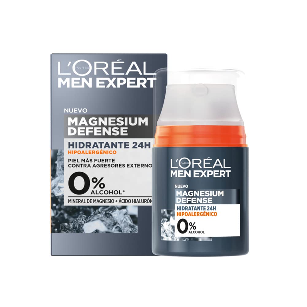 LOréal Men Expert, Crema Facial Hidratante 24H Para Hombre, Hipoalergénica Mineral de Magnesio + Ácido Hialurónico, Sin alcohol, Pieles Sensibles, 50 ml