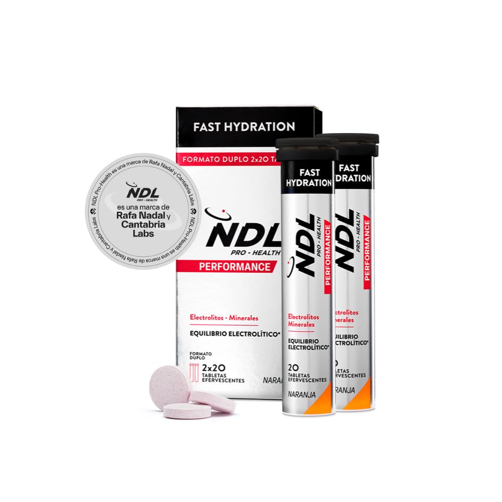 NDL Pro-Health Fast Hydration - Tabletas de hidratación rápida, bebida electrolitos y sales minerales para el deporte, disminuye el cansancio y la fatiga, sabor Naranja, Pack 2, 40 tabletas