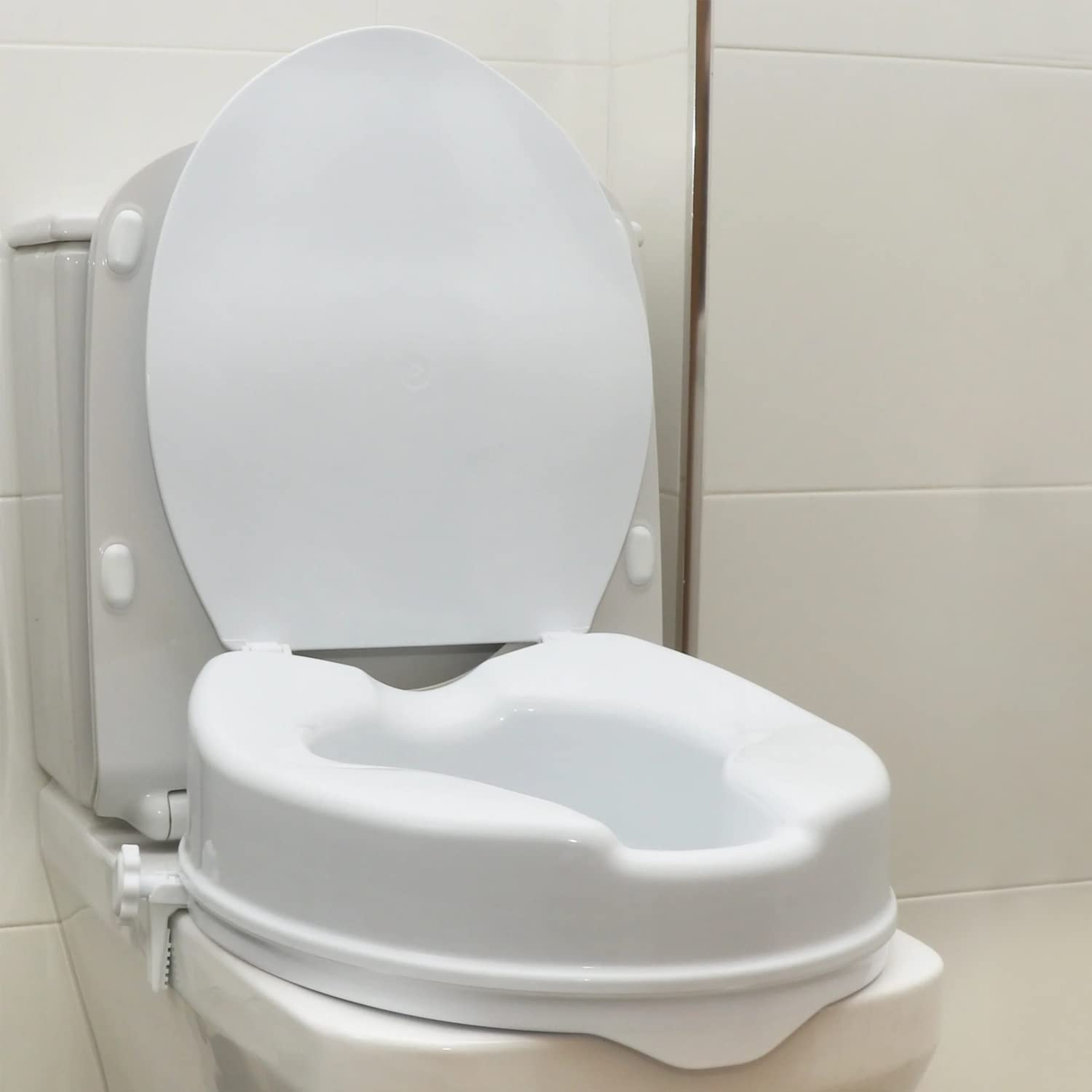 OrtoPrime Elevador WC Adulto Con Tapa - Altura 10 cm - Asiento de Inodoro Ortopédico con cierres Laterales de Seguridad - Alzador WC Universal Adaptable - Alza Inodoro