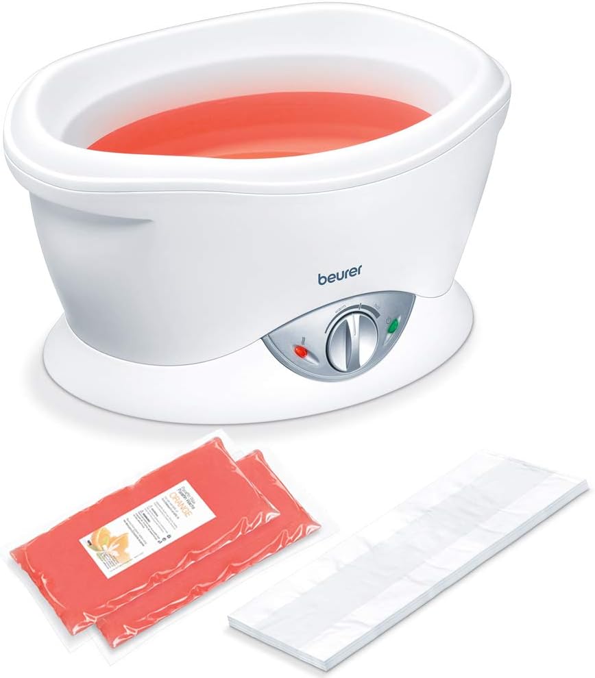 Beurer MP 70 Baño de parafina para manos, pies y codos, temperatura ajustable, display iluminado que muestra el nivel de calor, incluye 2 bolsas de cera de parafina, color blanco