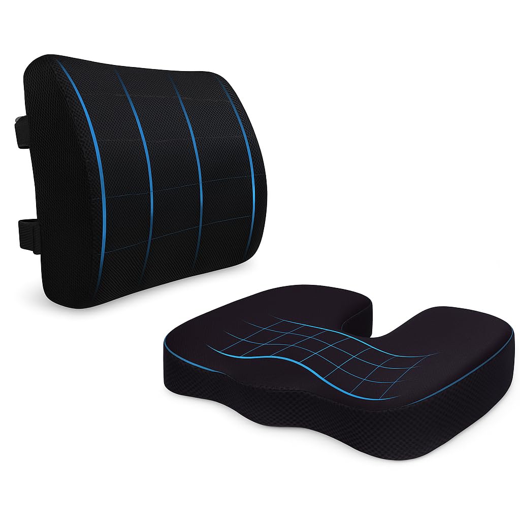 Set de Cojin Silla Oficina y Cojin Lumbar Silla Oficina, de Espuma 100% viscoelástica con Correas Ajustables y Fundas Extras de Regalo.Ideal para largas Horas Sentado.