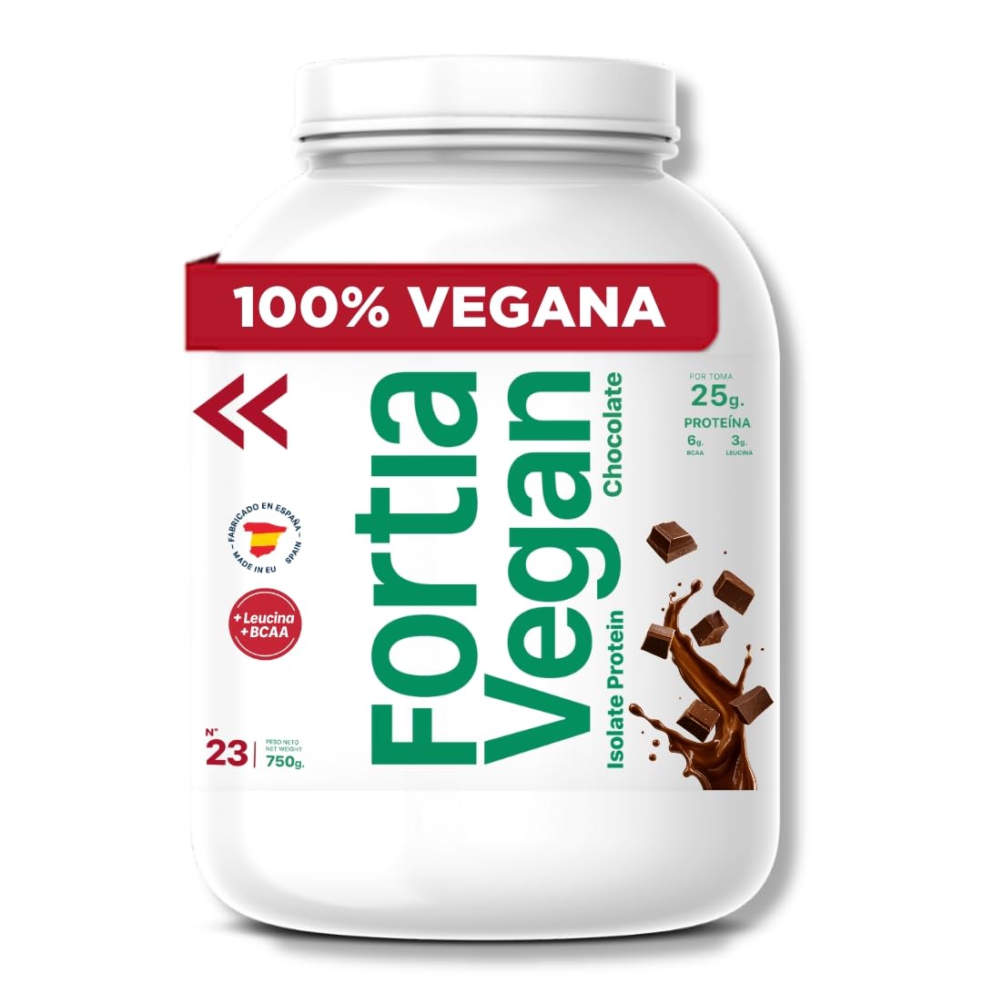FORTIA Proteina Vegana en Polvo 24.9g/dosis Sabor Chocolate | Proteína Isolada Vegetal Guisante, Arroz + BCAA | Vegan Isolate Protein Sin Gluten, Sin Lactosa, Sin Soja| Protein Powder 750 g