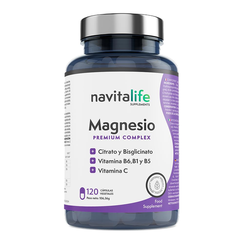 Magnesio puro. Citrato de magnesio 1545 mg + Bisglicinato de magnesio 600 mg + Vitamina C, B6, B1, B5. Reduce Cansancio y Fatiga. Alivia el dolor articular y muscular. 120 cápsulas vegetales.