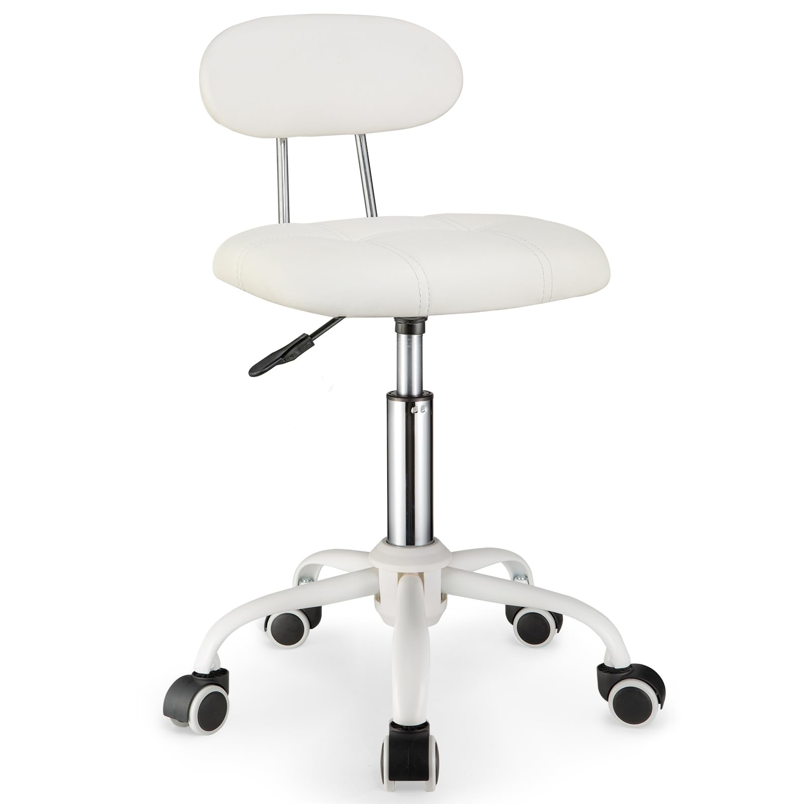 Taburete Cuadrado con Respaldo, Altura Regulable, Taburete Giratorio sobre Ruedas, cojín de Piel sintética Blanco