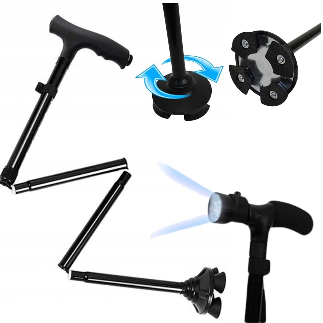 Bastones para Mayores- Bastón Plegable con Base Todo Terreno con Punta Metalica y Ayuda de Movilidad de Alta Resistencia - Bastón Ajustable para Ancianos y Mujeres, con Linterna LED integrada.