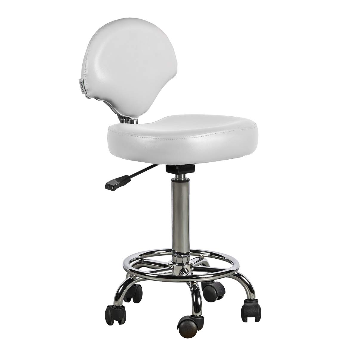 Italian Design - Taburete Ferrara con Respaldo Blanco - Ajustable en Altura - Diseño Ergonómico - Tapizado en Cuero Sintético - Base Estable con Ruedas Giratorias - Ideal para Entornos Profesionales