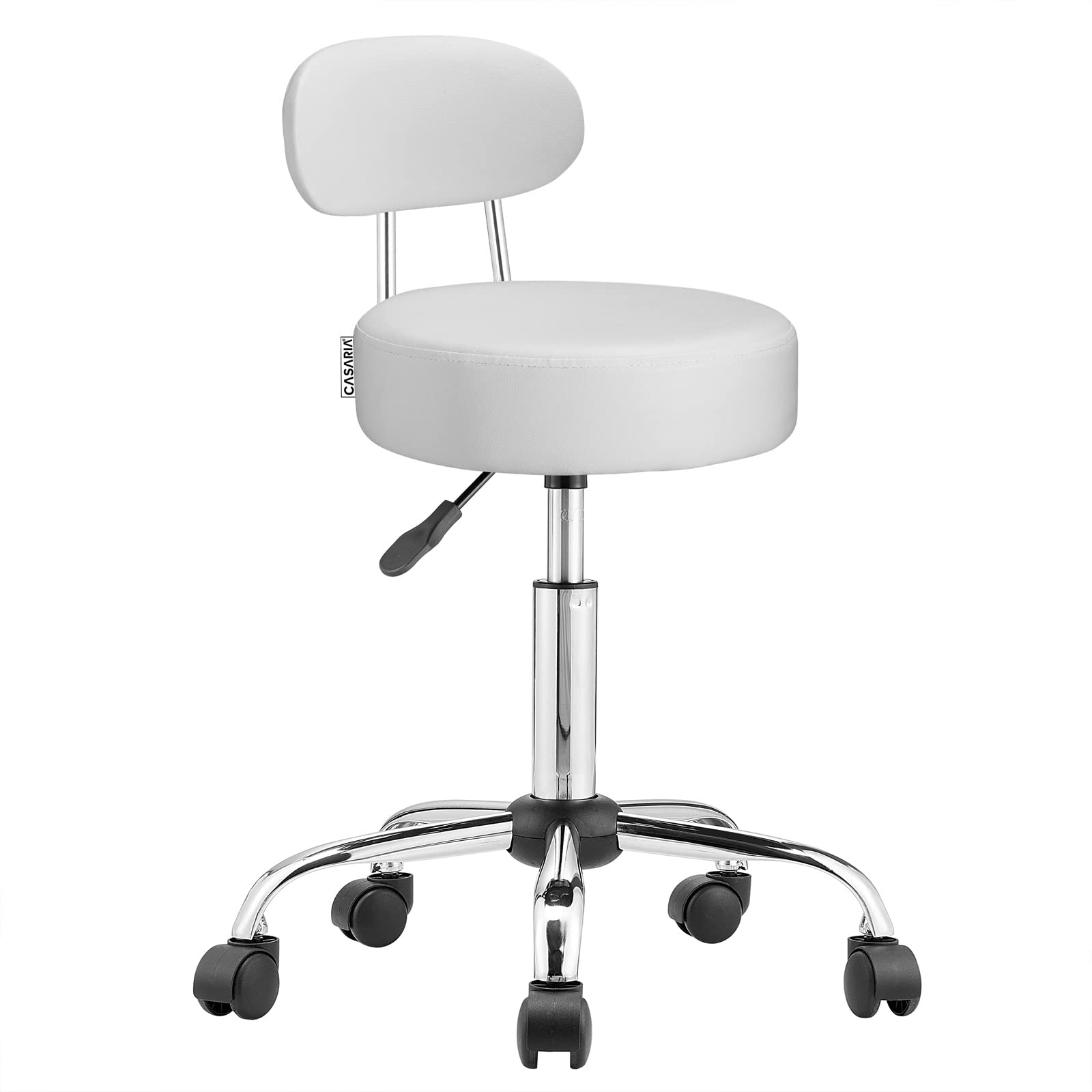 CASARIA® Taburete con Ruedas Respaldo Altura Ajustable 46-60cm 360º Asiento 10 cm Blanco