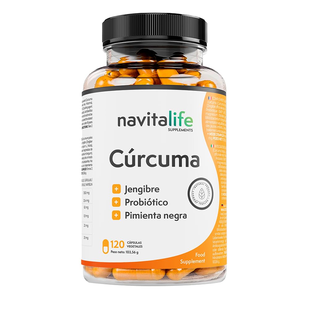Cúrcuma 1360 mg + Probióticos + Jengibre + Pimienta negra. Alto porcentaje Curcumina. Alta biodisponibilidad. Acción natural dolor muscular e inflamación. Cúrcuma capsulas Navitalife Supplements.