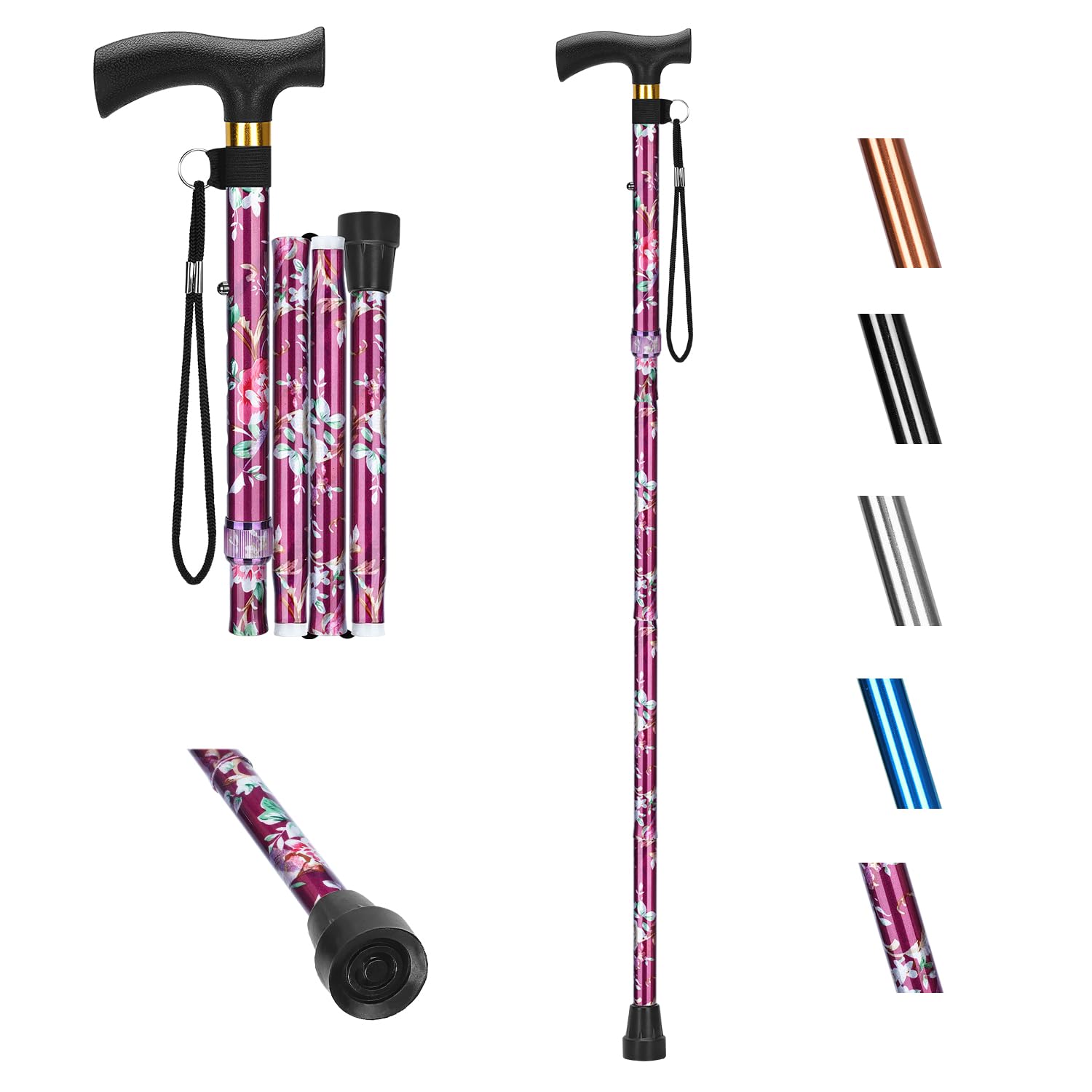 supregear Bastones de Caminar Plegables, Bastón de Aluminio Plegable Bastón Plegable Ajustable con Mango en T y Anti-pérdida de la Correa de Muñeca Antideslizante Equilibrio de Ayuda a la Movilidad