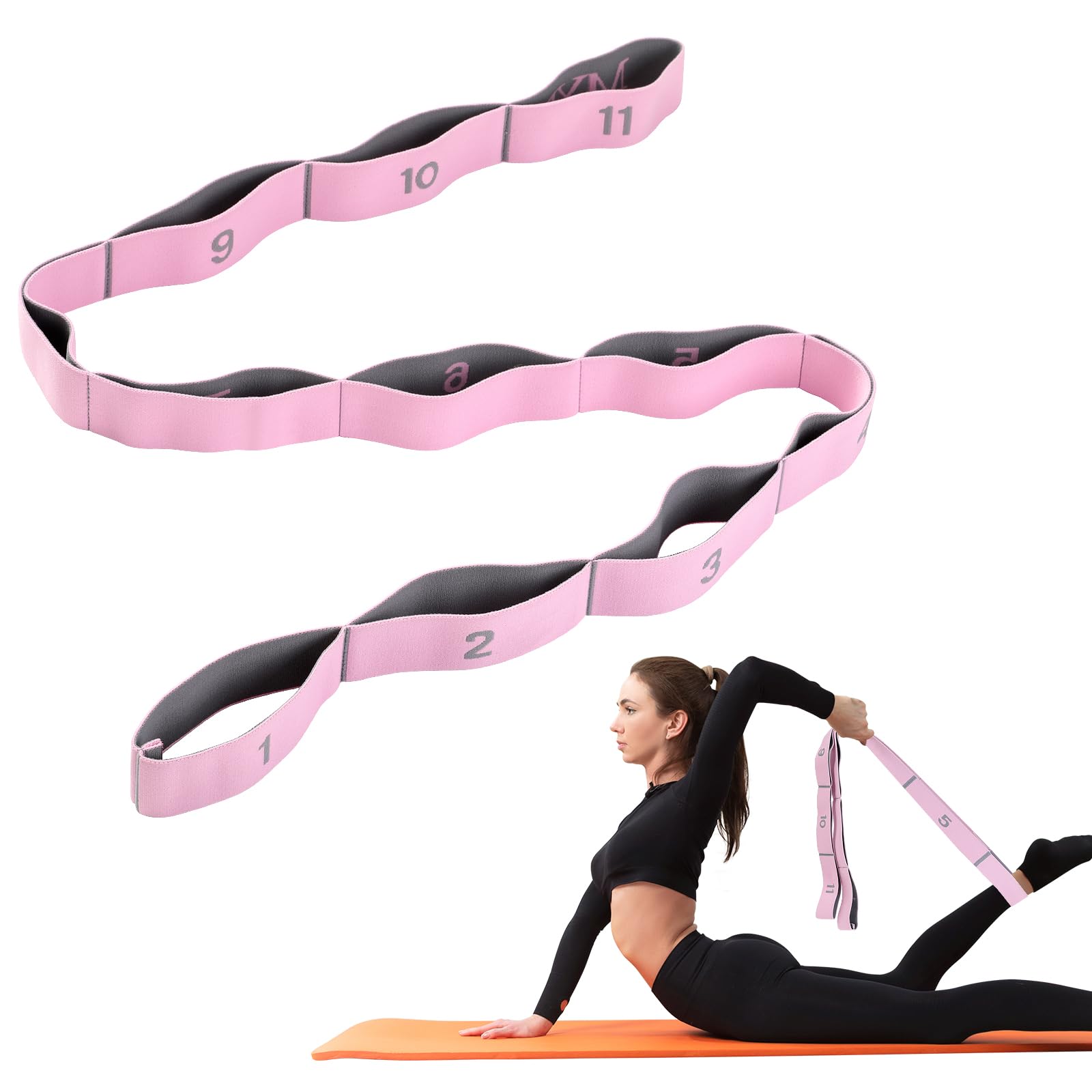 AiQInu Banda de Estiramiento de Yoga, Ajustable Yoga Stretch Bandas con 11 Anillos, Bandas Elasticas Fitness para Pilates, Yoga, Latino, Gimnasia