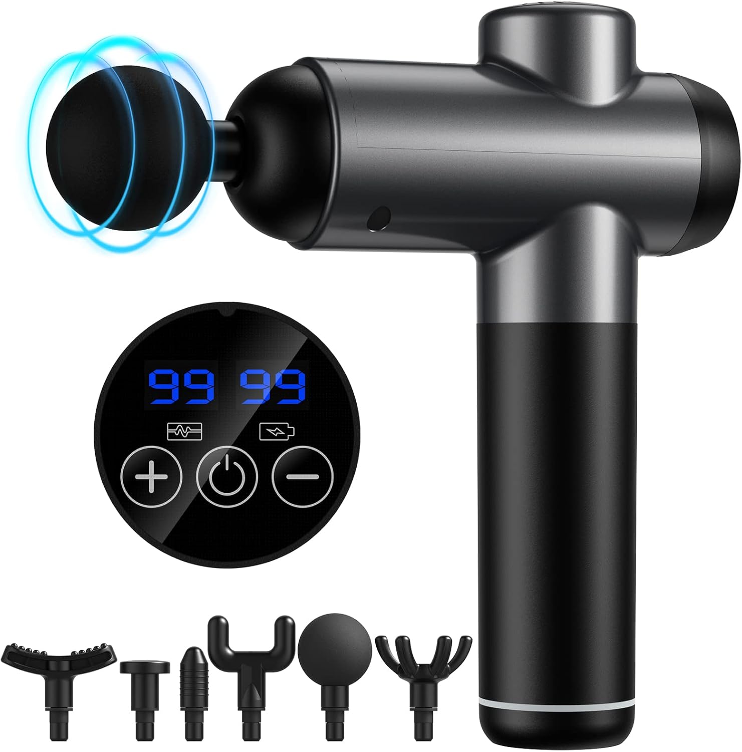 Pistola de Masaje Muscular, Pistola Masajeadora Muscular de Tejido Profundo con 99 Niveles Ajustables, 6 Cabezales de Masaje, Pantalla LCD Táctil, para Aliviar el Dolor Muscular (Negro Carbón)