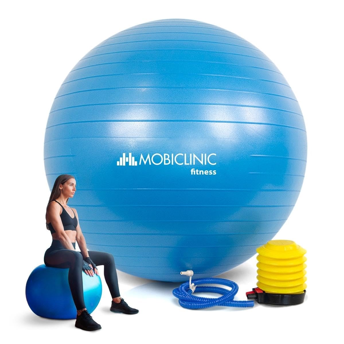 Mobiclinic, Pelota de Pilates, 58 cm, Incluye inflador, Antideslizante, Anti-pinchazos, Lavable, Balón, para Fitness, Deporte, Embarazada, Py-01, Entrenamiento, Azul
