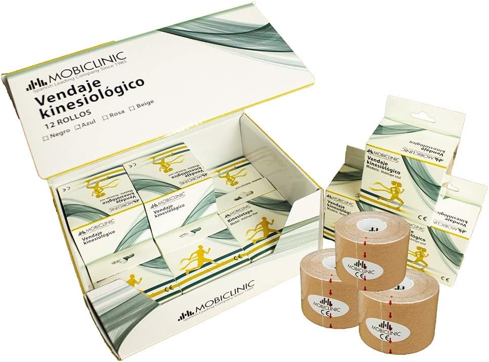Mobiclinic®, Pack 12 uds. Kinesiotape, Venda Neuromuscular Adhesiva, 5m x 5cm, Esparadrapo Deportivo, Alivio Dolor Muscular, Vendaje Kinesiológico, Cinta Kinesiológica, Face Tape (Beige)