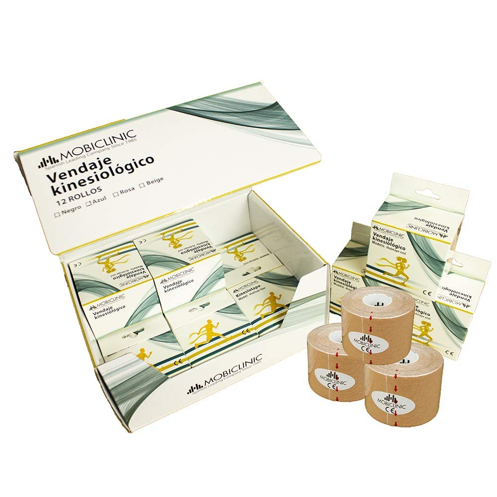 Mobiclinic®, Pack 12 uds. Kinesiotape, Venda Neuromuscular Adhesiva, 5m x 5cm, Esparadrapo Deportivo, Alivio Dolor Muscular, Vendaje Kinesiológico, Cinta Kinesiológica, Face Tape (Beige)