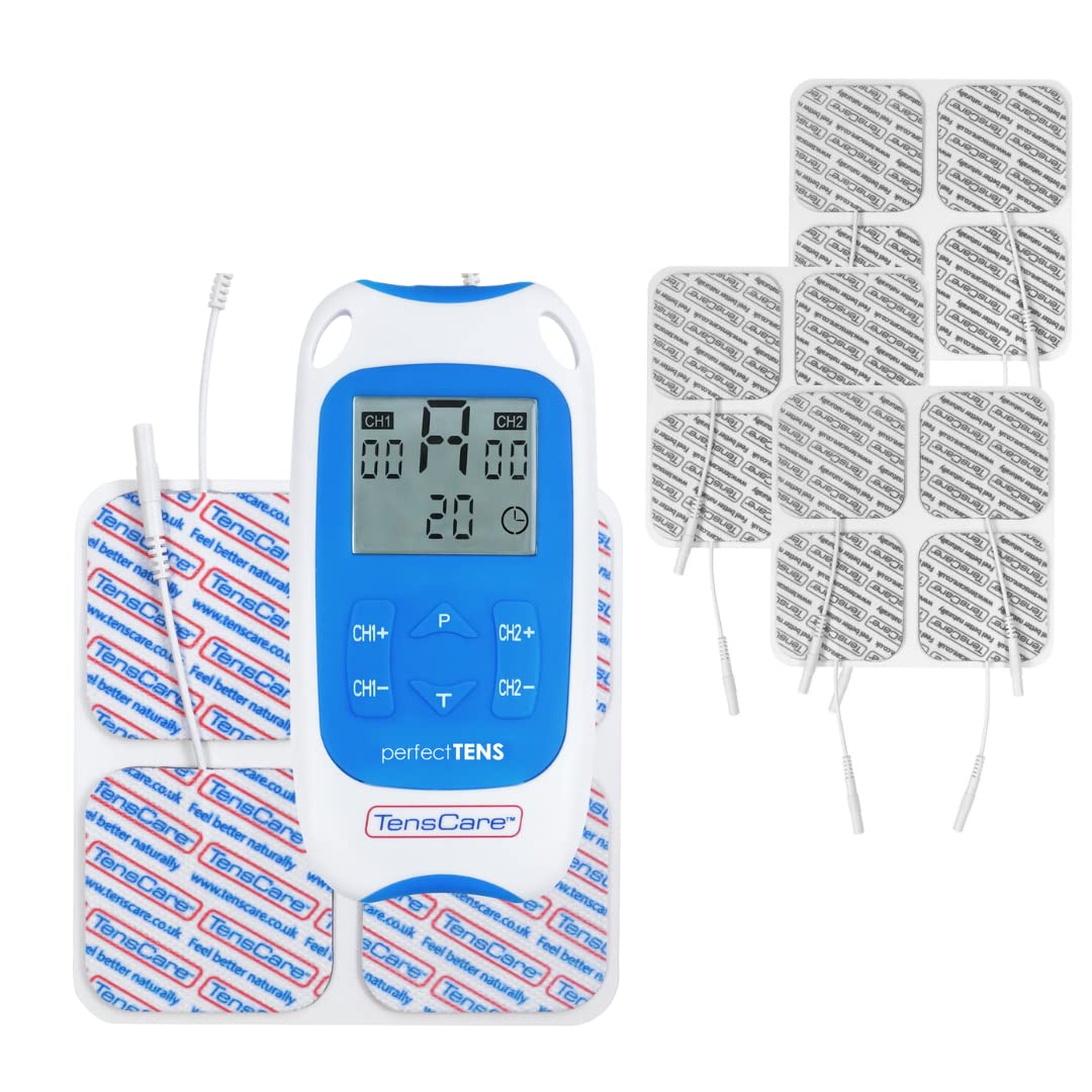 TensCare Perfect TENS & 16 electrodos autoadhesivos - Dispositivo TENS clínicamente probado para aliviar el dolor, alivio del dolor agudo y crónico, color azul