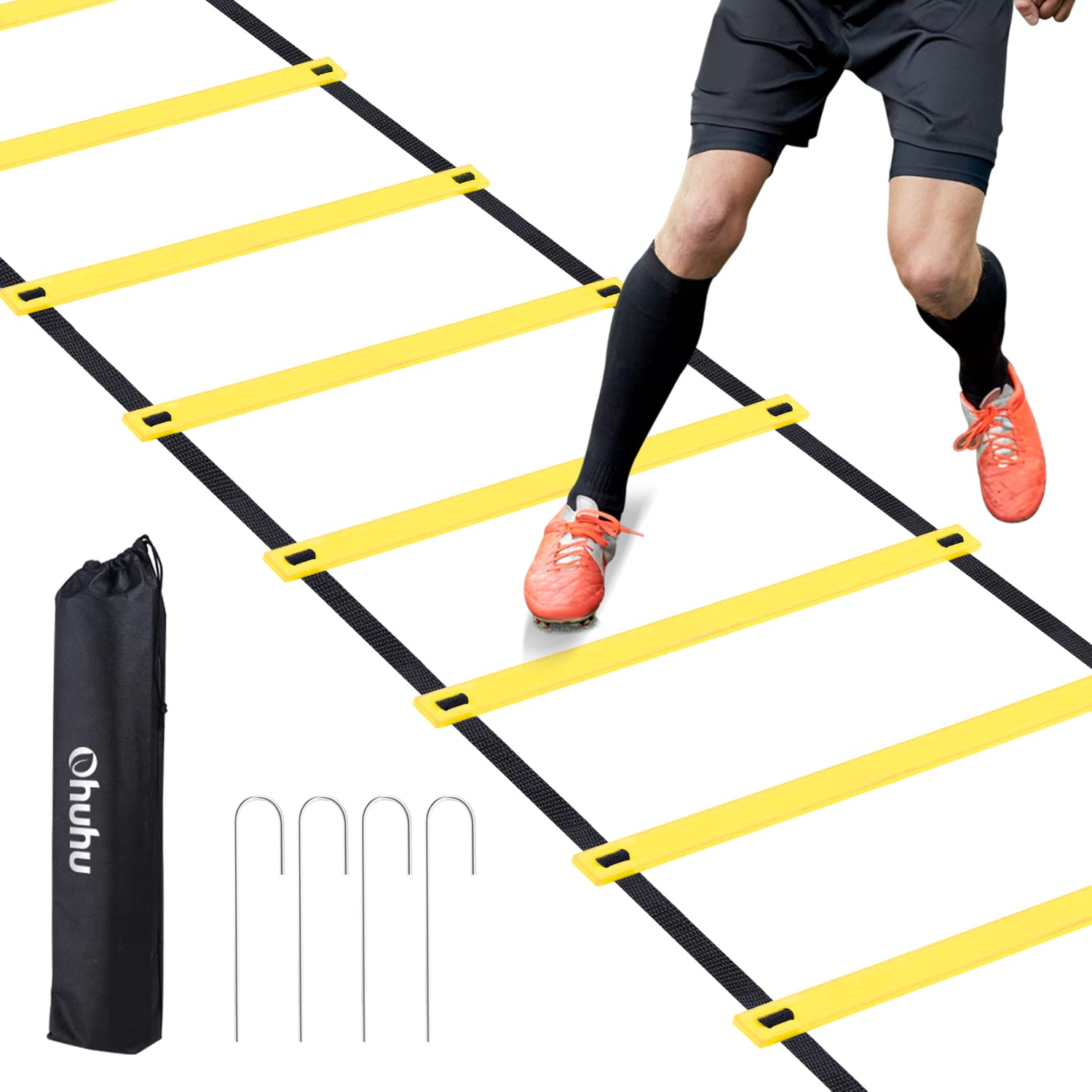 Ohuhu Juego de Entrenamiento Escalera de 12 peldaños con 4 Clavos. Ideal para Juego de pies para Ejercicios de fútbol