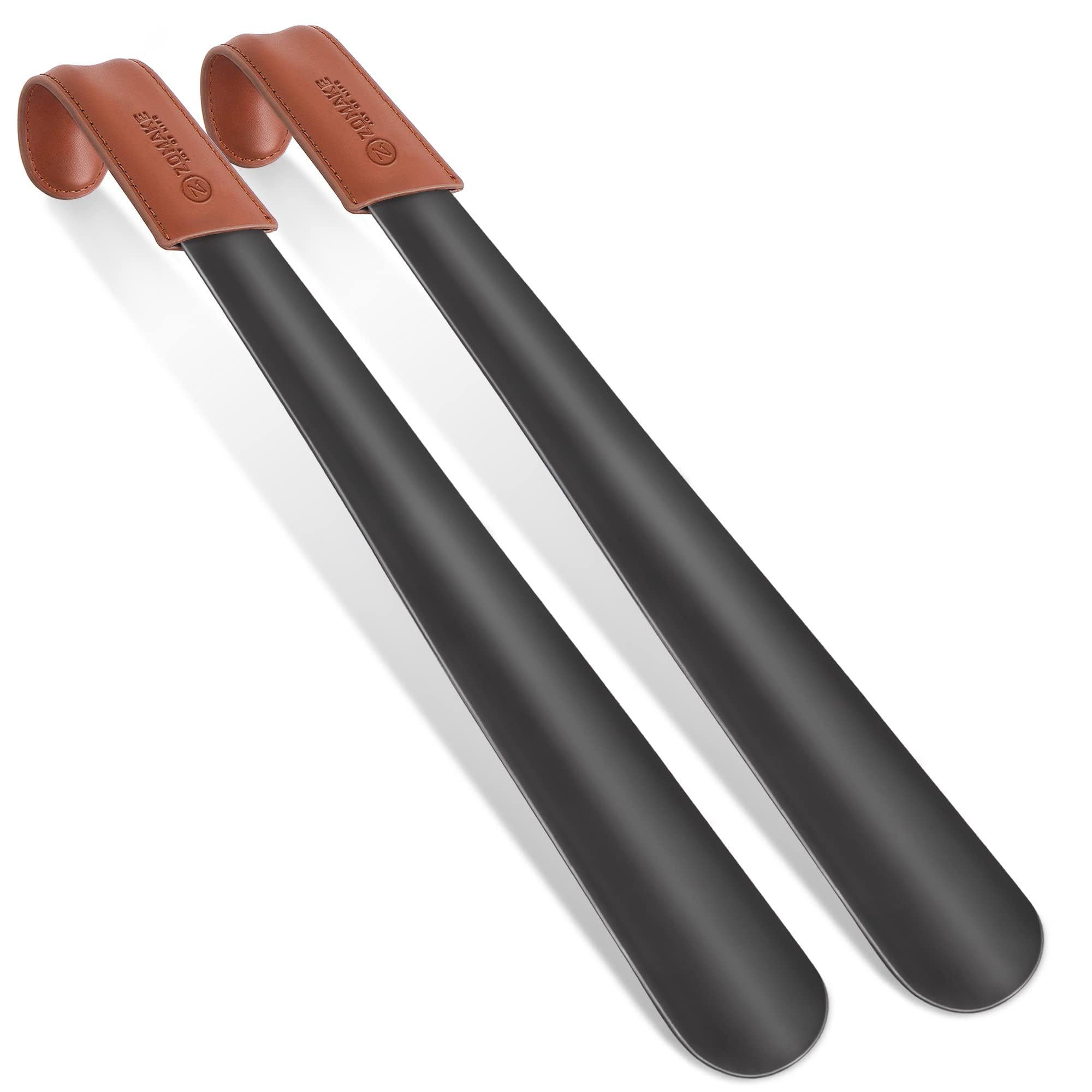 ZOMAKE Calzador de Acero Inoxidable Largo 42CM - Metalico Calzadores Largos,Mango de Cuero Para Mujeres Embarazadas y Personas de La Tercera Edad(2 Piezas Negro)