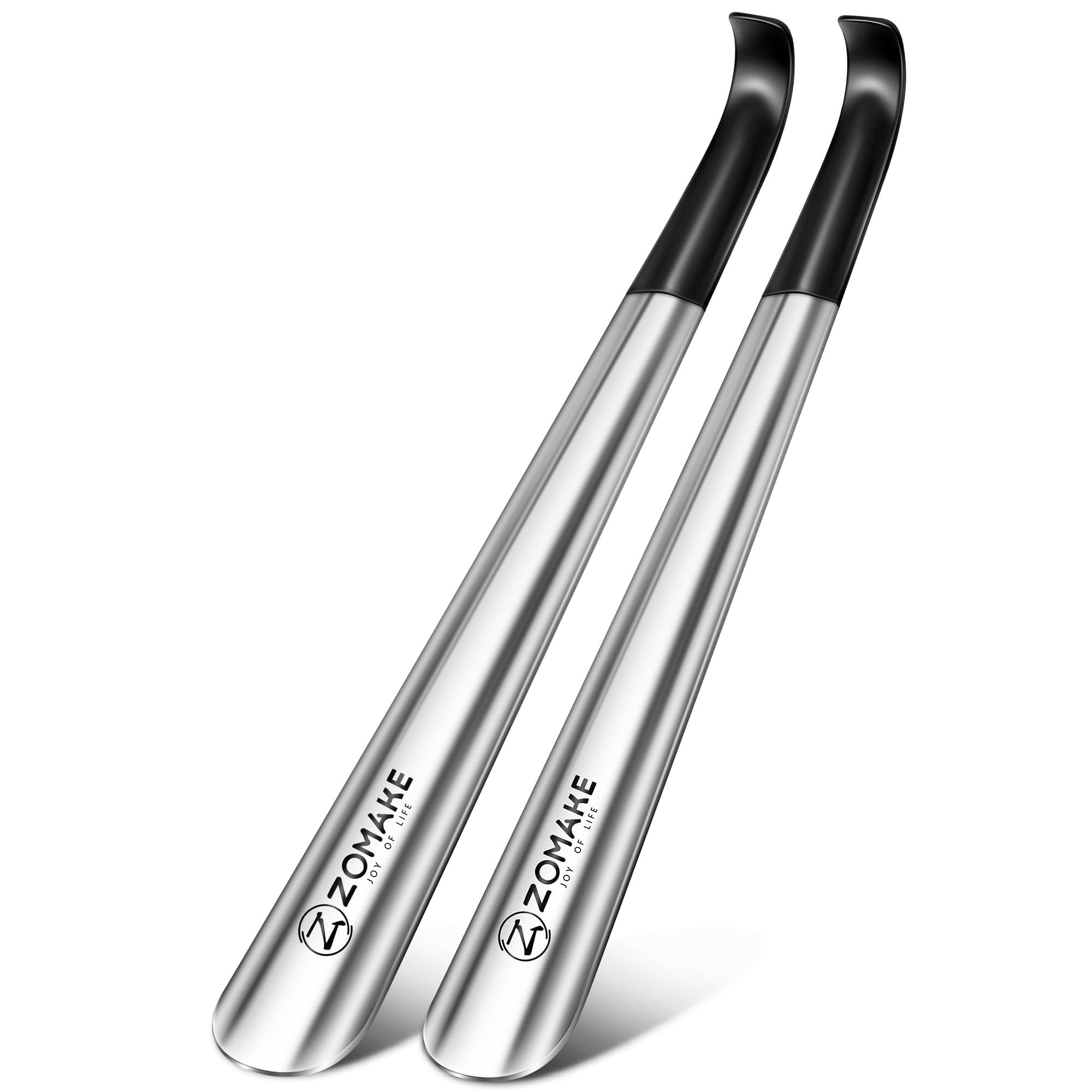 ZOMAKE Calzador de Acero Inoxidable Largo 42CM - Metalico Calzadores Largos 2 Piezas,Con Una Cáscara Negra Para Personas Mayores Mujer embarazada(Plata)