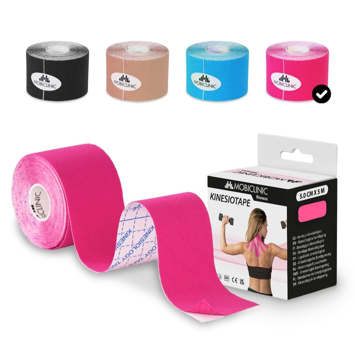 Mobiclinic®, Kinesiotape, Venda Neuromuscular Adhesiva, 5m x 5cm, Esparadrapo Deportivo, Alivio Dolor Muscular, Vendaje Kinesiológico, Apto para Múltiples Zonas, Cinta Kinesiológica, Face Tape, Rosa