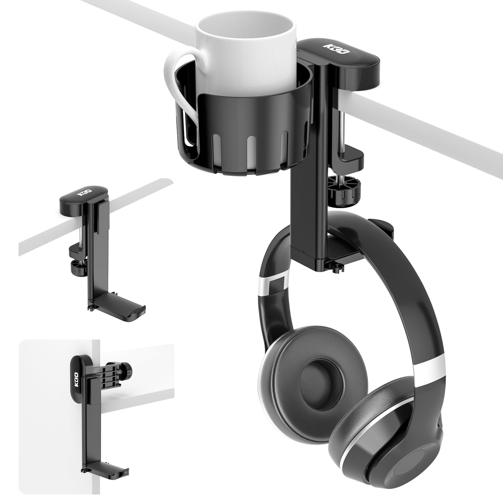 KDD 2 en 1 Soporte Cascos Gaming con Soporte Taza Escritorio - Soporte Auriculares Giratorio con Abrazadera Bajo el Escritorio - Soporte para Tazas de Café, Vasos de Agua, Auriculares(Negro)