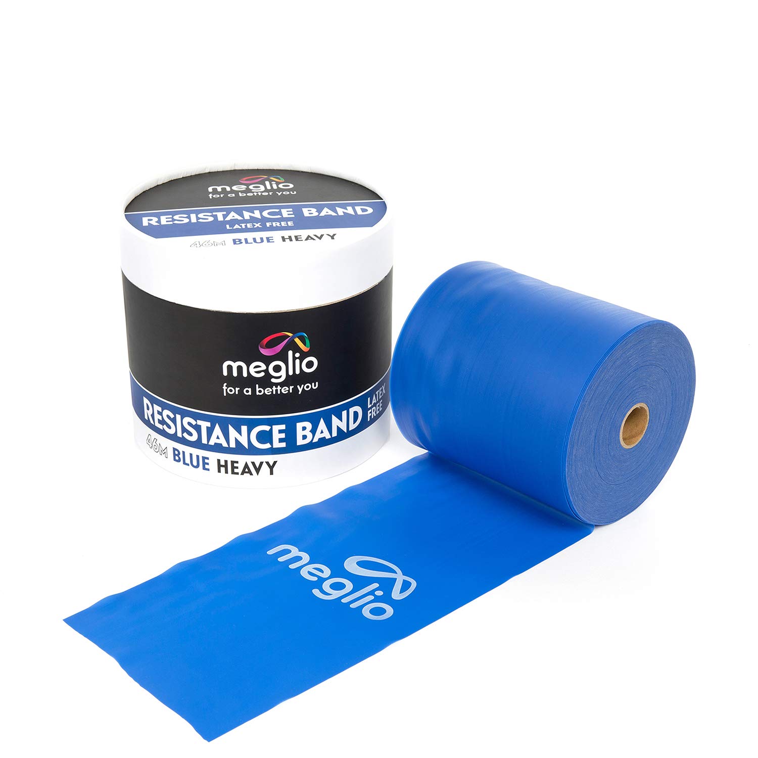 Meglio Banda de Resistencia sin Látex–Rollo de 46 metros. Variedad en resistencia - Cinco niveles desde extra suave hasta extra fuerte. Para fisioterapia y rehabilitación, deportistas, yoga, pilates y rutinas