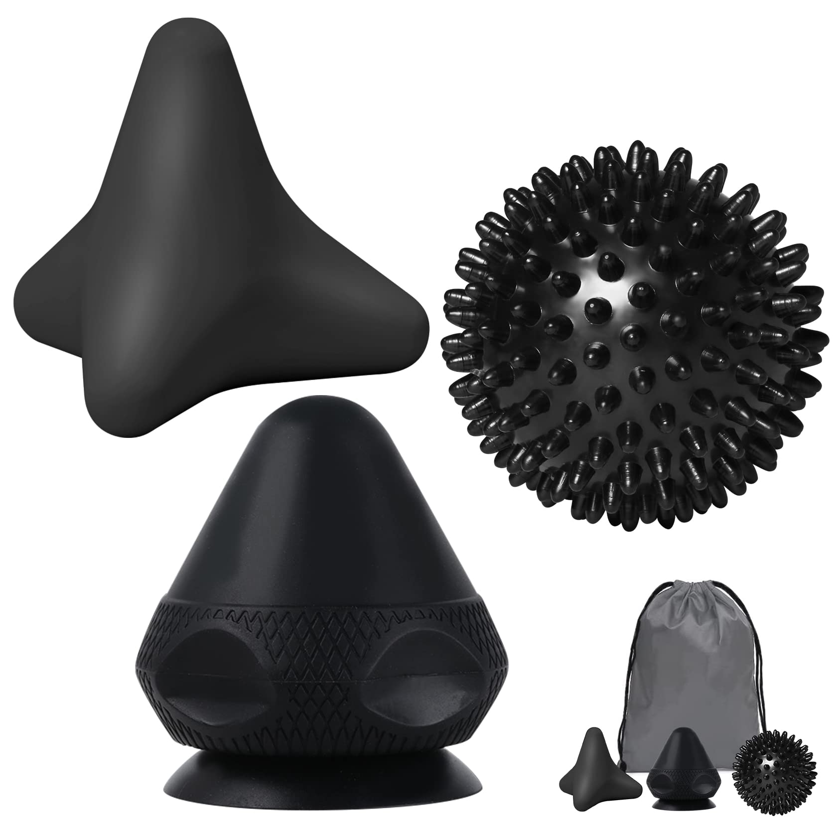 Dispositivo de masaje de puntos gatillo y pelota de erizo, juego de pulsadores sin dolor con ventosa y bolsa para dolores musculares y tensiones, osteopressur empujador para automasaje (negro)