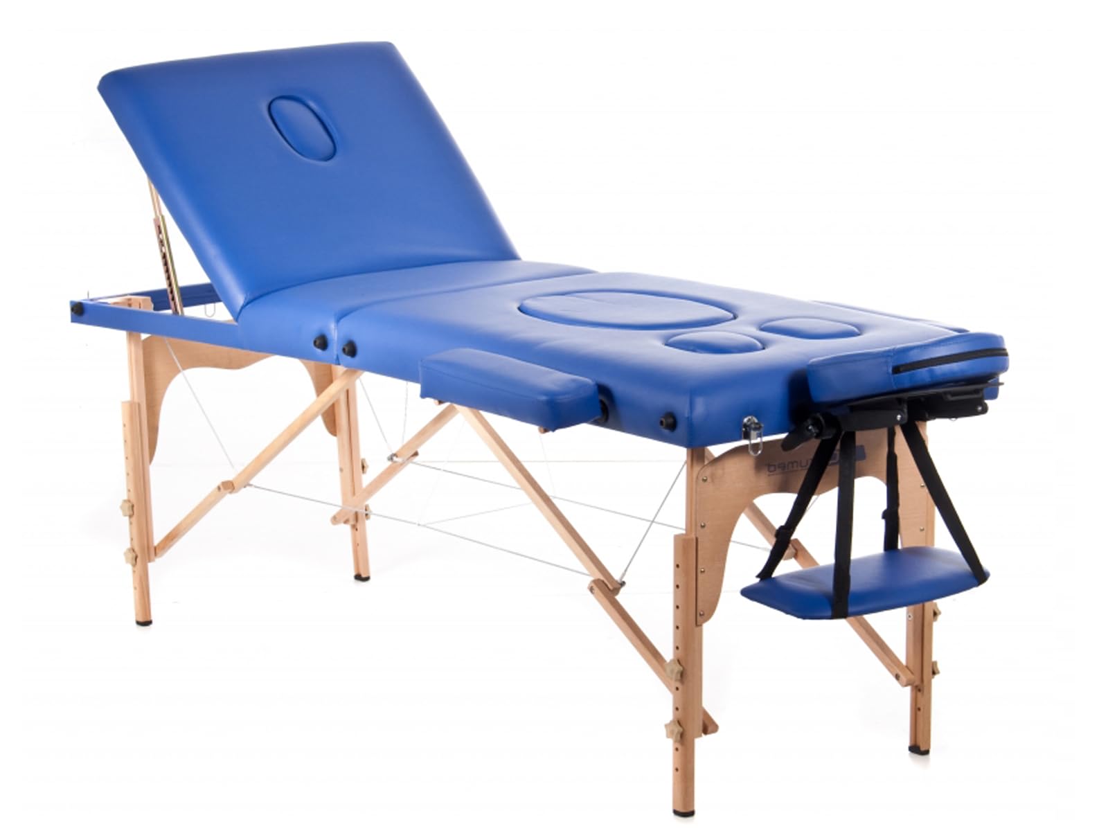 QUIRUMED Camilla de Masaje para Embarazadas, Plegable, 194 x 70 cm, Color Azul, Madera, Polipiel, Agujero para Barriga, Agujero Facial, Cabezal extraíble, hasta 150 kg