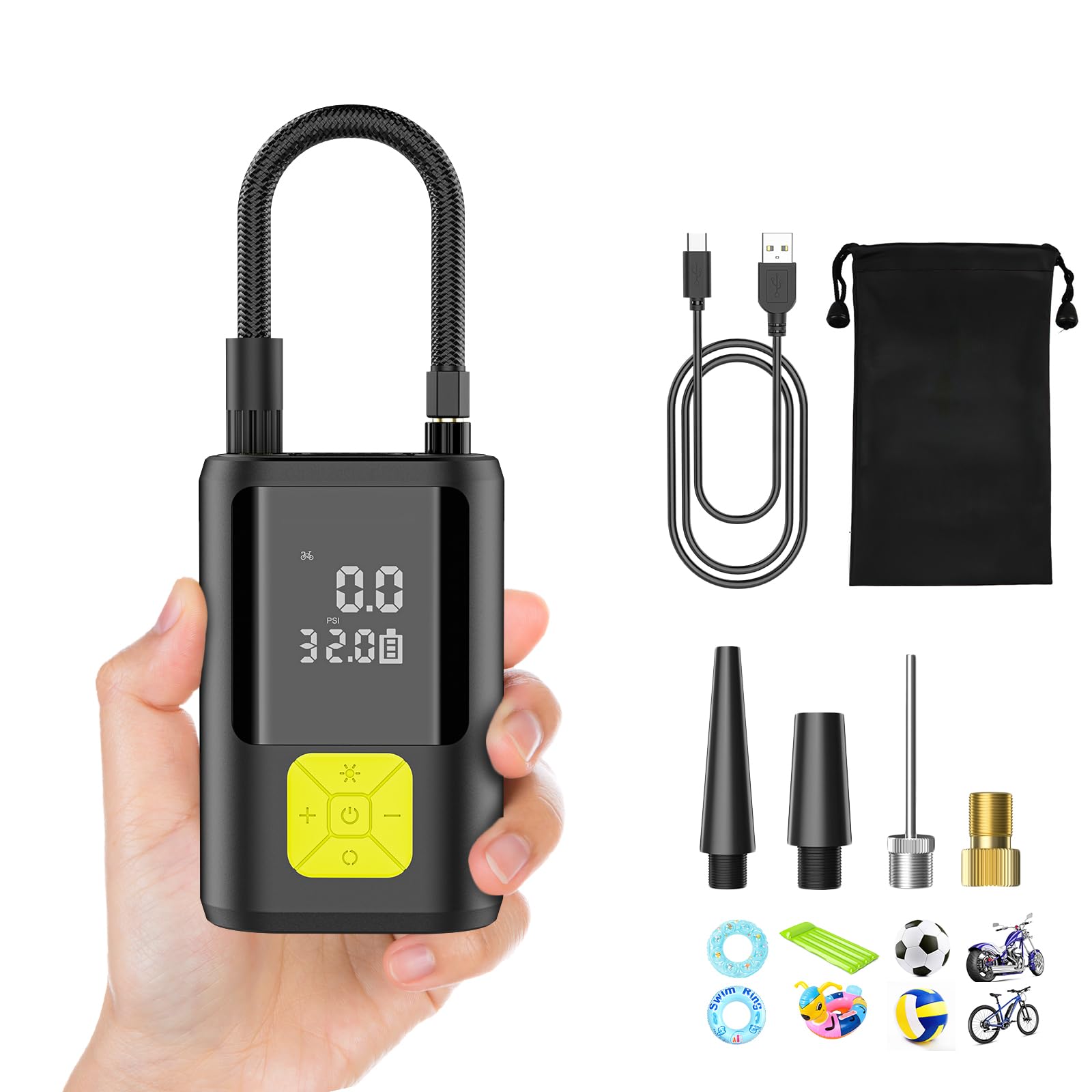6000Mah Compresor Aire Portatil, 150PSI Inflador Ruedas Coche Mini Bomba de Aire Bicicleta Electrica con Pantalla LCD Digital y Linterna LED，con 4 Boquillas para Coches, Motos, Bicicletas Pelotas