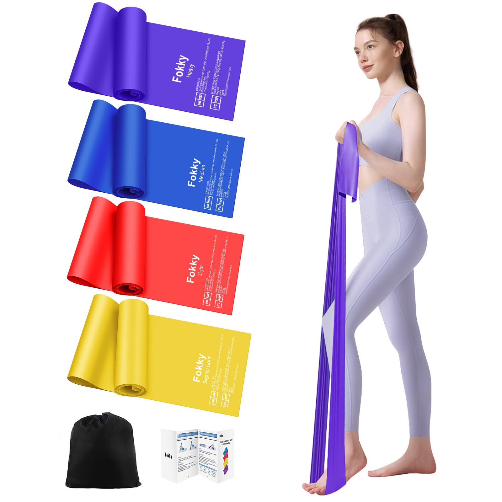 Fokky Gomas Elasticas Musculacion[Set de 4], 1.8M Bandas Elasticas Musculacion, Cintas Elasticas Musculacion con Bolsa de Transporte, Bandas Elasticas para Crossfit Musculación Yoga Pilates