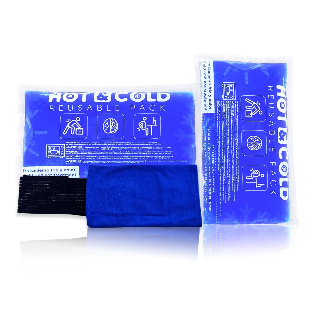 Pack de 2 Bolsas de Gel Frío o Calor Reutilizables (26 x 15 cm) - Incluye 1 Funda Multiposición de Tela con banda de compresión - Aptas para Nevera y Microondas - Ideales para Terapias