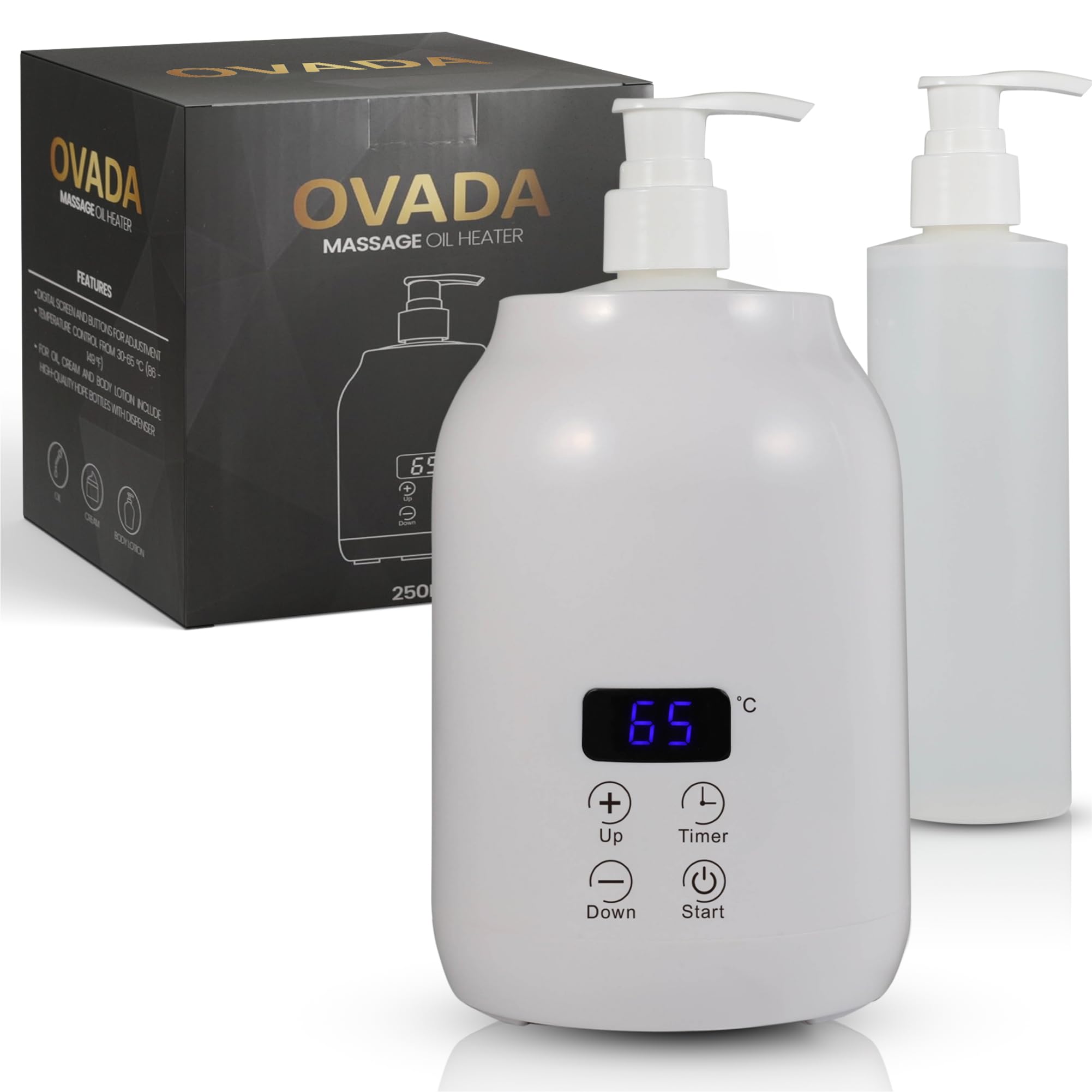 Calentador de aceite de masaje | Botella de plástico externa (2x) | Para aceite de masaje y aceites esenciales | Temperatura ajustable (30-65 grados) | Masaje bienesta | Calentador elegante (blanco)