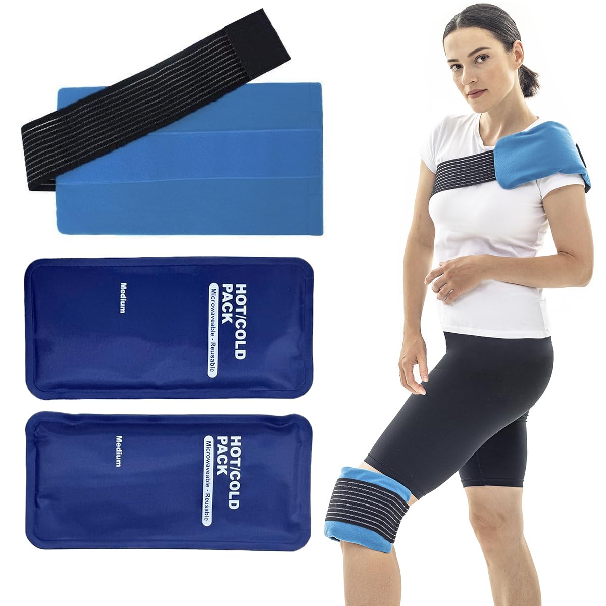 Pack de 2 bolsas de gel frío calor reutilizables + 1 funda de algodón lavable ajustable. Multiposición (cadera, hombros, piernas..) Bolsa de agua caliente/hielo lesiones (compresa de gel)