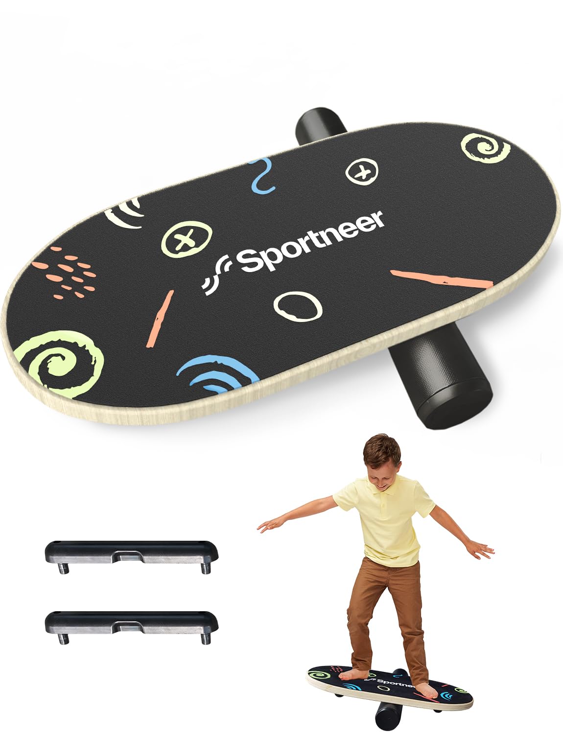 Sportneer Tabla de equilibrio – Wobble Board con topes y ruedas ajustables – Entrenador de equilibrio para mejorar el equilibrio, entrenador de surf y fisioterapia – Tamaño pequeño especialmente para