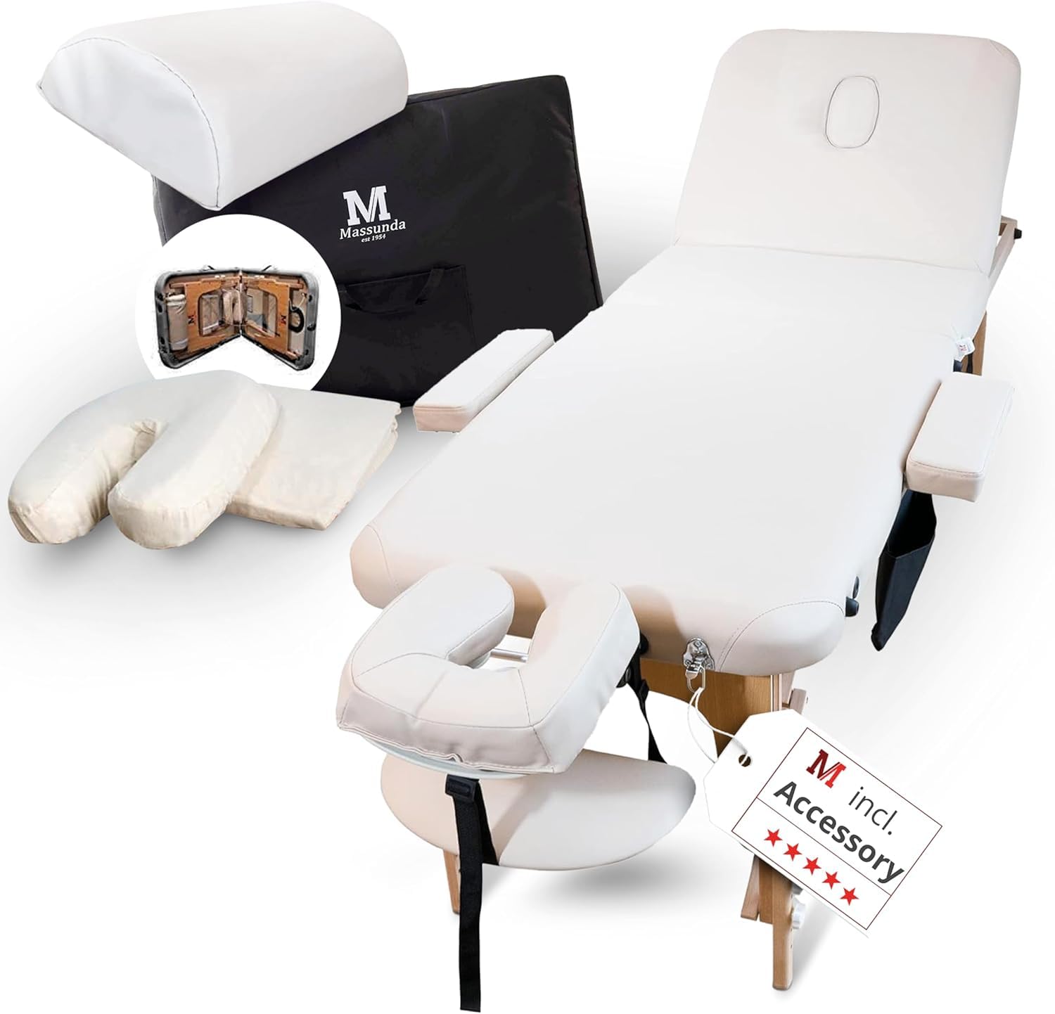 MASSUNDA All - Tumbona de Masaje Plegable y de Altura Regulable de Madera Maciza, Mesa de cosméticos móvil con Funda de Rizo, reposabrazos y Respaldo, cojín Cervical, reposacabezas ergonómico