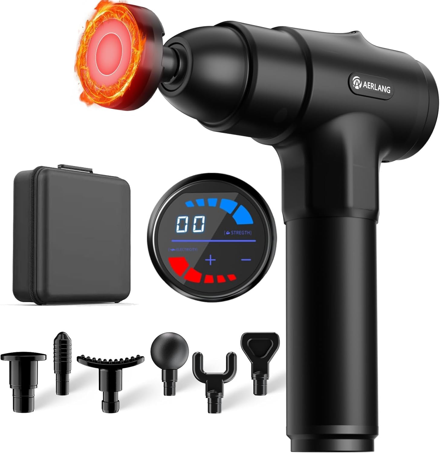 AERLANG Pistola de Masaje muscular con Calor Masajeador Muscular Profundo,LED,Massage Gun 20 Segmentos Ajustable y 7 Cabezales de Masaje,Masajeador Cervical y Espalda Regalos para Mujer&Hombre
