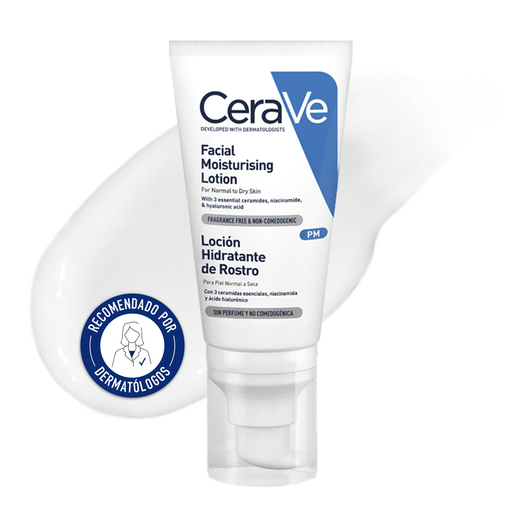 CeraVe, Loción Hidratante de Rostro PM, Para Piel Normal a Seca, Hidrata y Restaura la Barrera Protectora de la Piel, Enriquecida con Ceramidas Esenciales, Niacinamida y Ácido Hialurónico, 52ml
