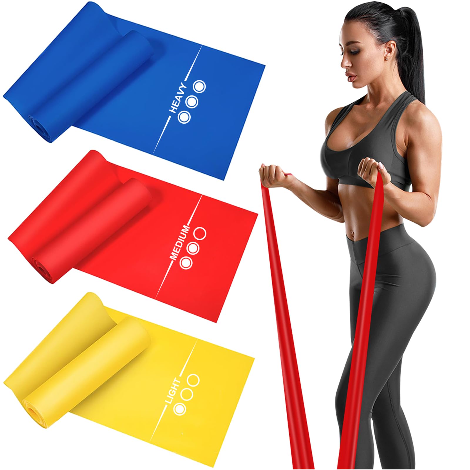 Bandas Elasticas Fitness[Set de 3] 1.5M /1.8M /2M,Cintas Elasticas con 3 Niveles de Resistencia, Pilates, Crossfit, Estiramientos, Musculacion, Piernas, Brazos, Fuerza
