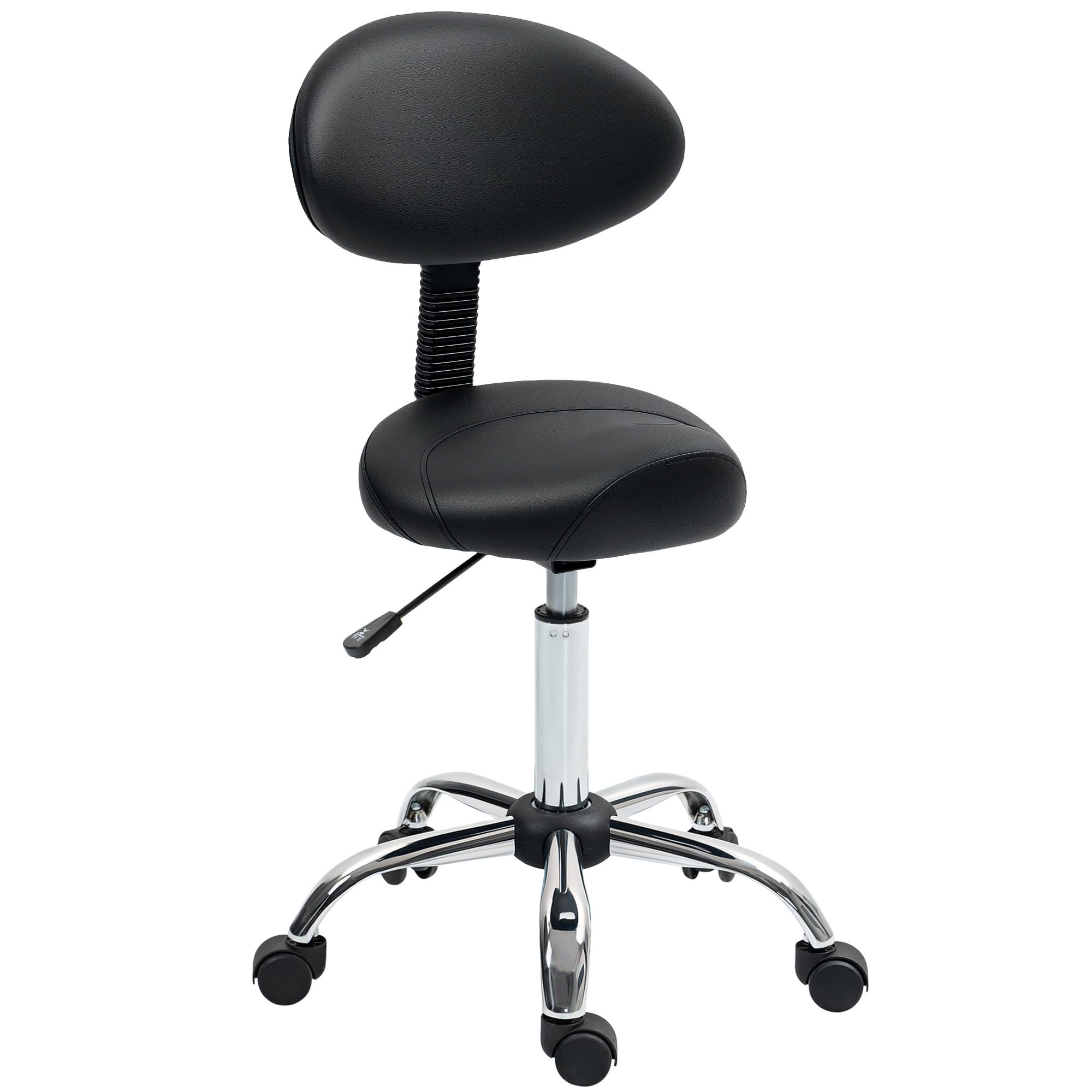 HOMCOM Taburete Giratorio Taburete con Ruedas y Respaldo Extraíble Taburete de Trabajo con Altura Regulable 83-98 cm Asiento Tapizado de Cuero Sintético Negro