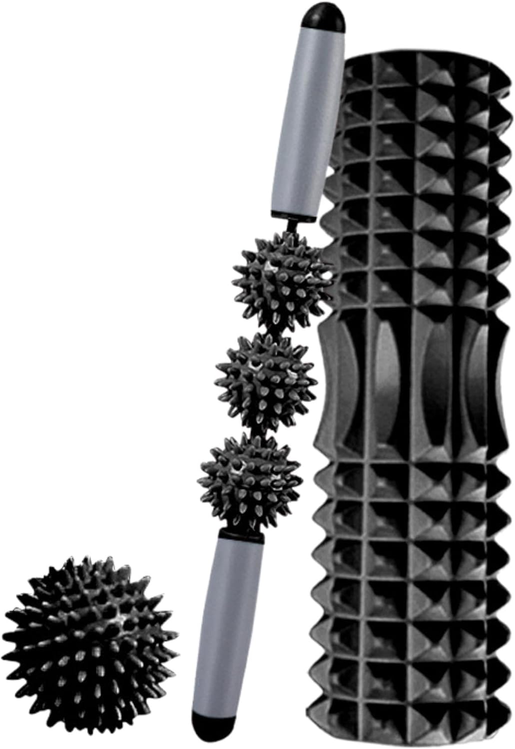 Pack Rodillo, Pelota y Barra Masajeadora. Rodillo de Espuma para Terapia, Masaje Muscular, Pilates y Yoga. Fitness Foam Roller. Cilindro de gomaespuma para alivio de dolores y entrenamiento 45cm