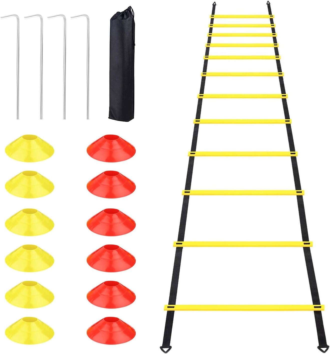 talifoca Accesorios de Entrenamiento de fútbol Agility Ladder 6 M-12 peldaños, Escalera de Entrenamiento de fútbol Escalera de coordinación con 12 Conos y 4 estacas para Entrenamiento