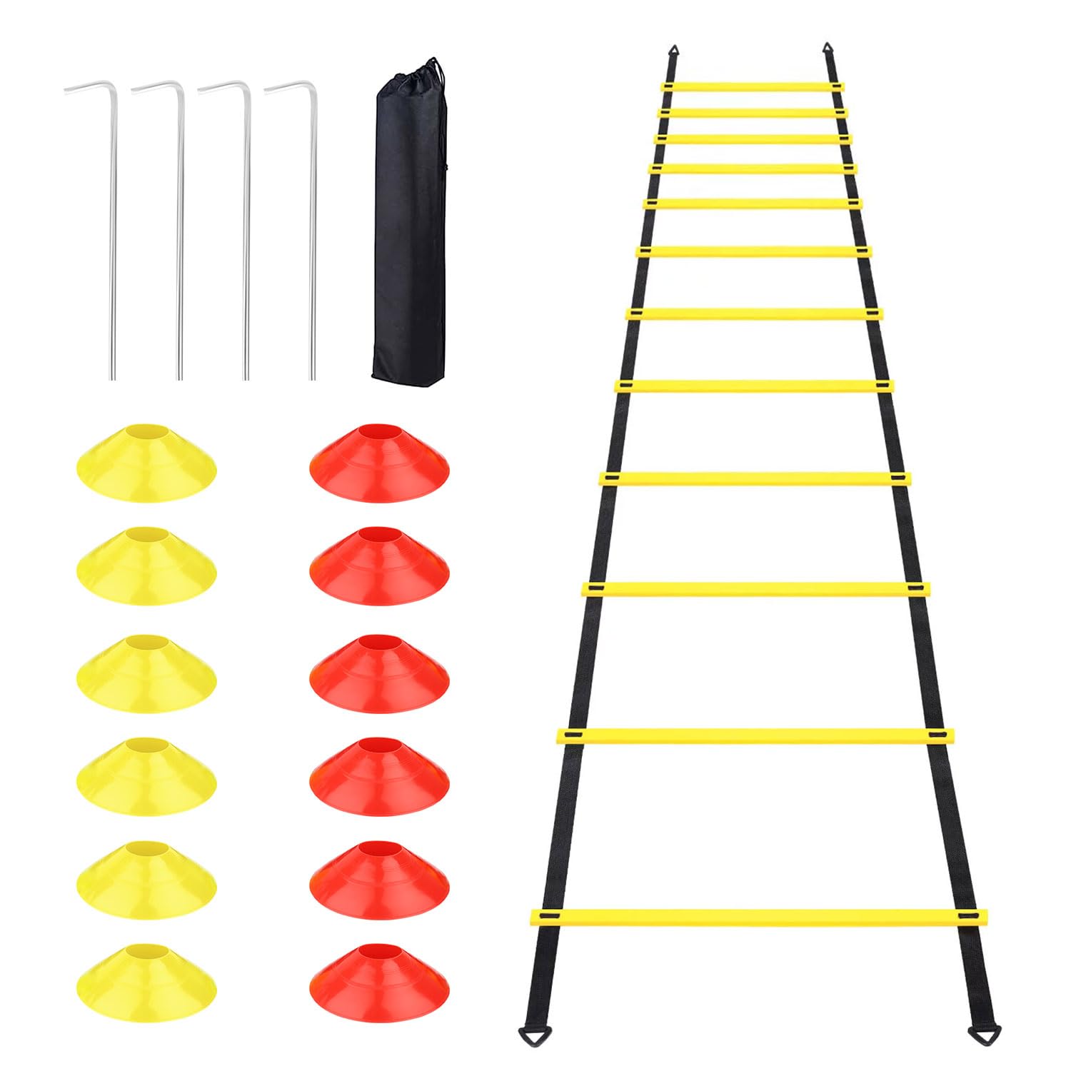 Accesorios de Entrenamiento de fútbol Agility Ladder 6 M-12 peldaños, Escalera de Entrenamiento de fútbol Escalera de coordinación con 12 Conos y 4 estacas para Entrenamiento