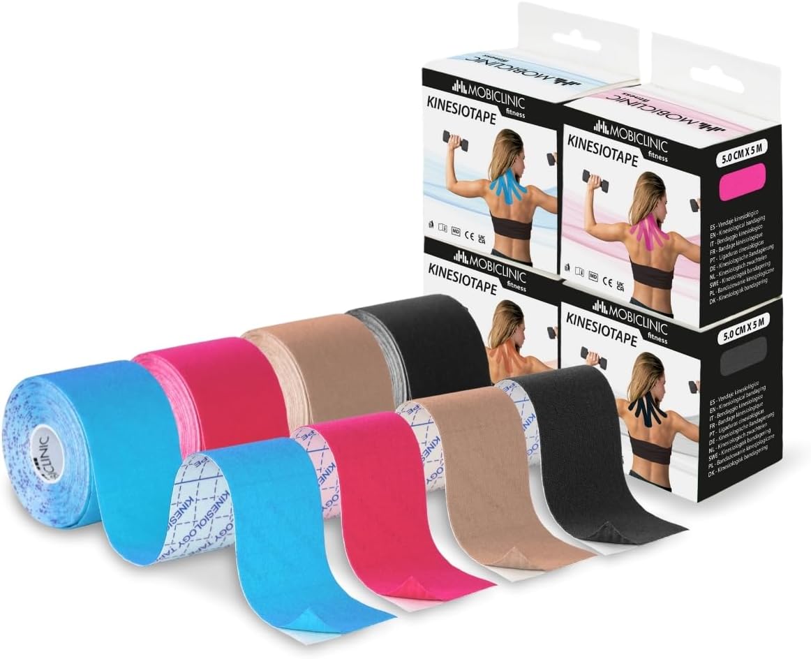 Mobiclinic®, Pack de 4 Kinesiotape, 5x5cm, Mobitape, Venda Neuromuscular Adhesiva, Alivio Dolor Muscular, Elásticas, Impermeable, Vendaje Kinesiológico, Apto para Múltiples Zonas, Rollo