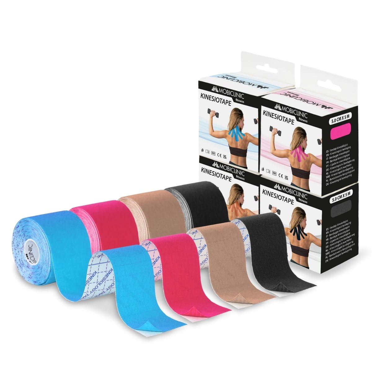 Mobiclinic®, Pack de 4 Kinesiotape, 5x5cm, Mobitape, Venda Neuromuscular Adhesiva, Alivio Dolor Muscular, Elásticas, Impermeable, Vendaje Kinesiológico, Apto para Múltiples Zonas, Rollo