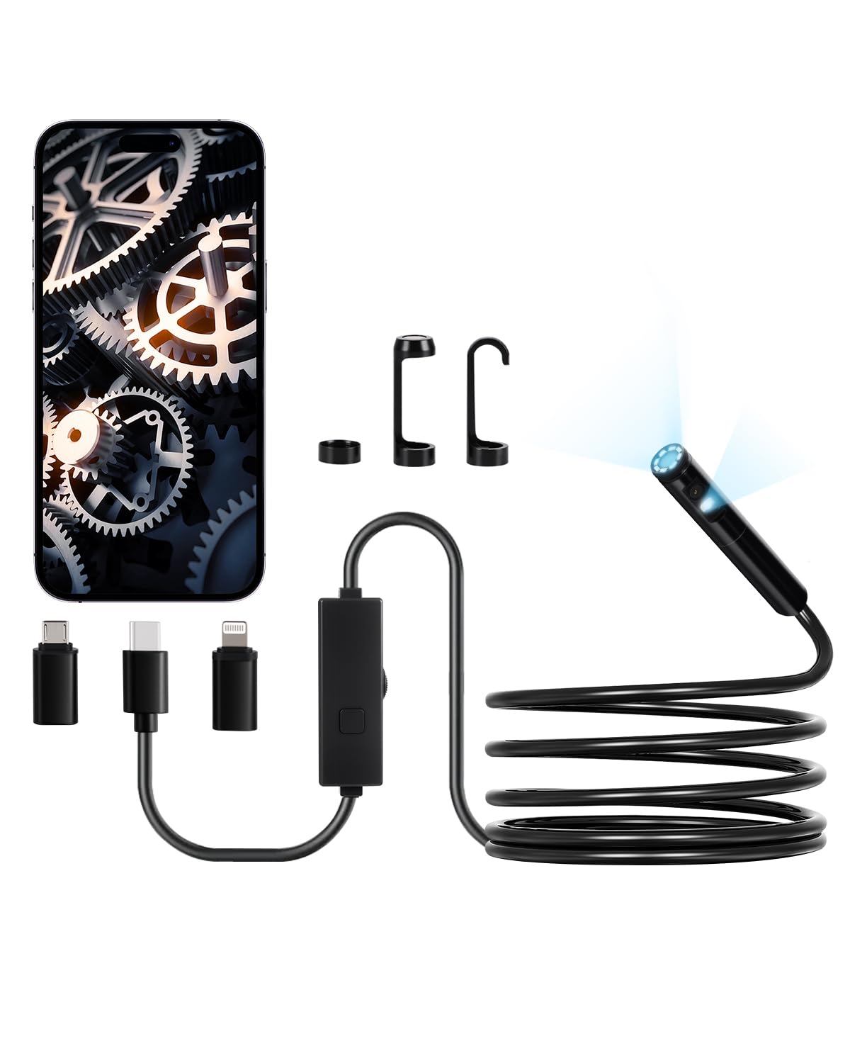 VEVOR Cámara Endoscópica, Boroscopio de Doble Lente para Android e iOS, HD 1920P con 8 + 1 Luces LED, Zoom 2X, Cable Flexible 3 m, Impermeable IP67, para Automóviles y Plomería, 3000 x 18 x 10 mm
