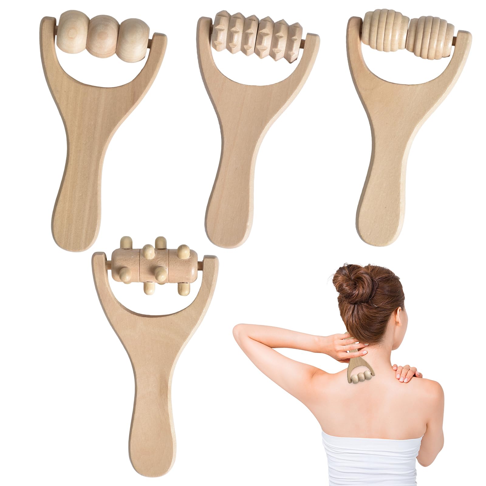 4 Rodillos De Madera Para Masaje De Manos,Herramientas De Masaje Manual Para Terapia De Madera,Masajeador Con Mango,Rodillo Masajeador Para Relajar Muslos,Piernas, Manos,Músculos De Cuerpo