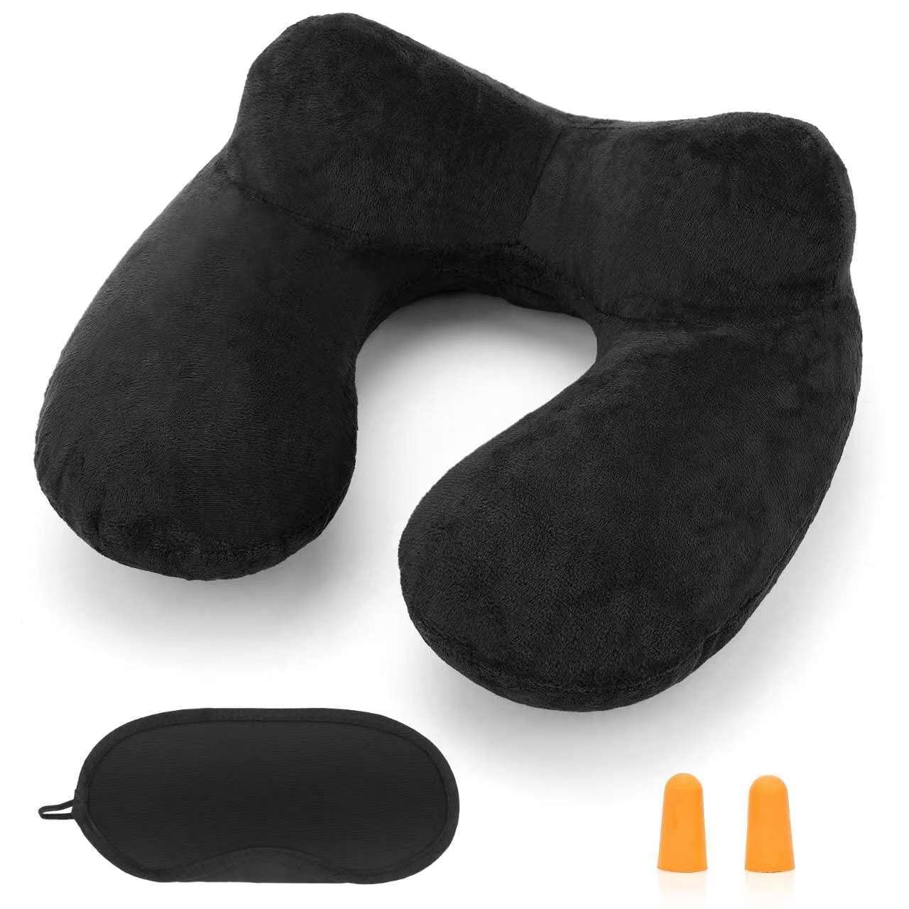 HITSZS Almohada de Viaje Hinchable Cojin de Viaje Cuello para Avión con Terciopelo Suave Funda Lavable en avión, Tren, Coche, Oficina, casa, con máscara de Ojos y Tapones para los oídos