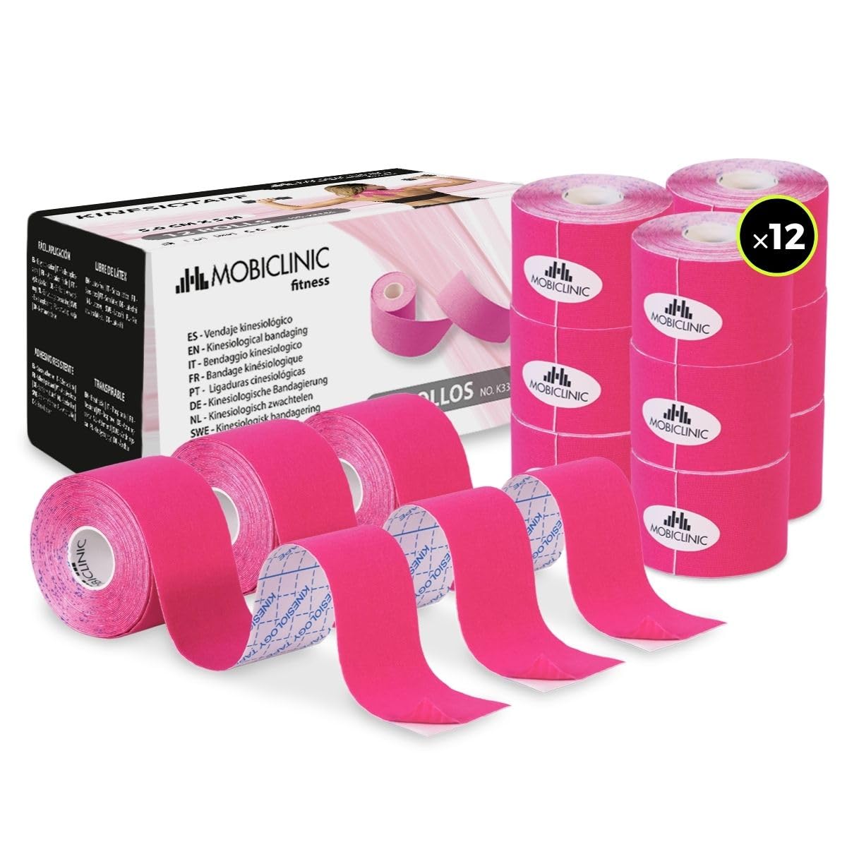 Kinesiotape, Vendaje neuromuscular, 5cm x 5m, 12 unidades, Rosa, Mobitape, Mobiclinic